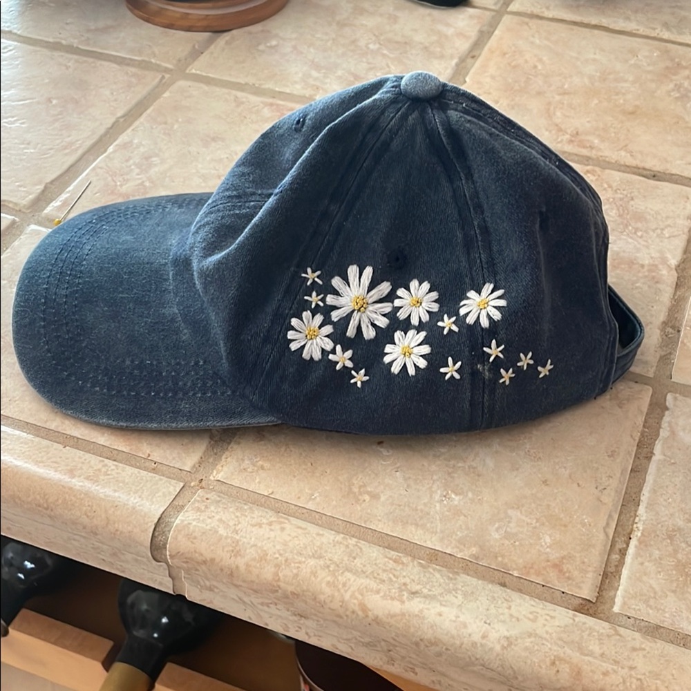 Embroidered Floral Denim Cap
